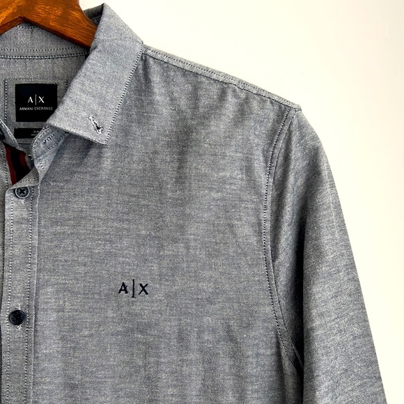 Men’s Armani Exchange Gray Slim Fit Cotton Long Sleeved Button Up Shirt - Picture 2 of 12